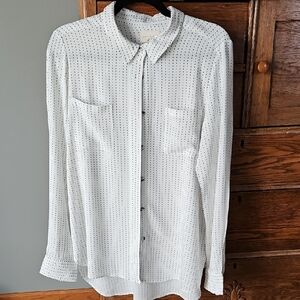 🌿 White and Black Women's Long Sleeve Blousy Top Shirt Size L 100% Rayon